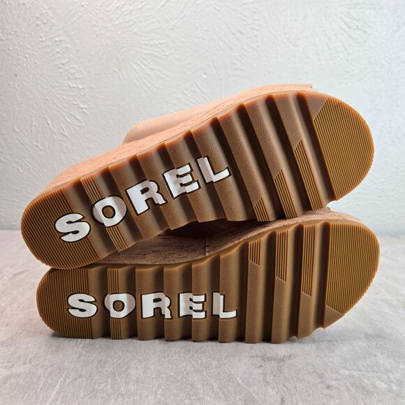 Sorel Platform Sandals Size 10.5 Tan Leather Open Toe Chunky Cork Wedge Slides - Picture 7 of 10